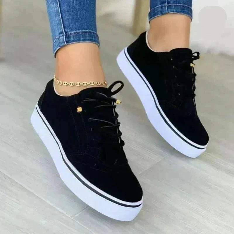 Black Women's Orthopedic Platform Sneakers — Evelyn Brogue Detail Lace-Up - Front Detail