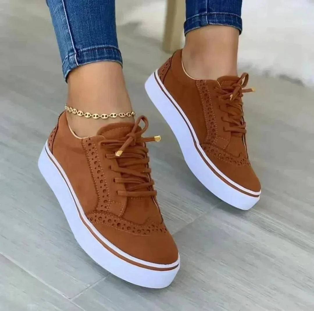 Brown Women's Orthopedic Platform Sneakers — Evelyn Brogue Detail Lace-Up - Front Full