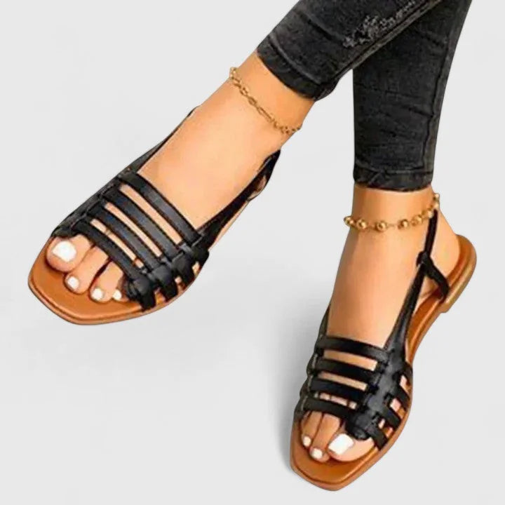 Black Women's Strappy Flat Sandals — Addy Orthopedic T-Strap Summer - Front Worn