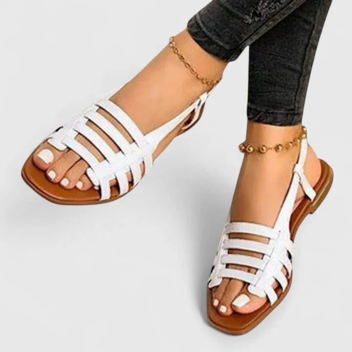 White Women's Strappy Flat Sandals — Addy Orthopedic T-Strap Summer - Front Worn