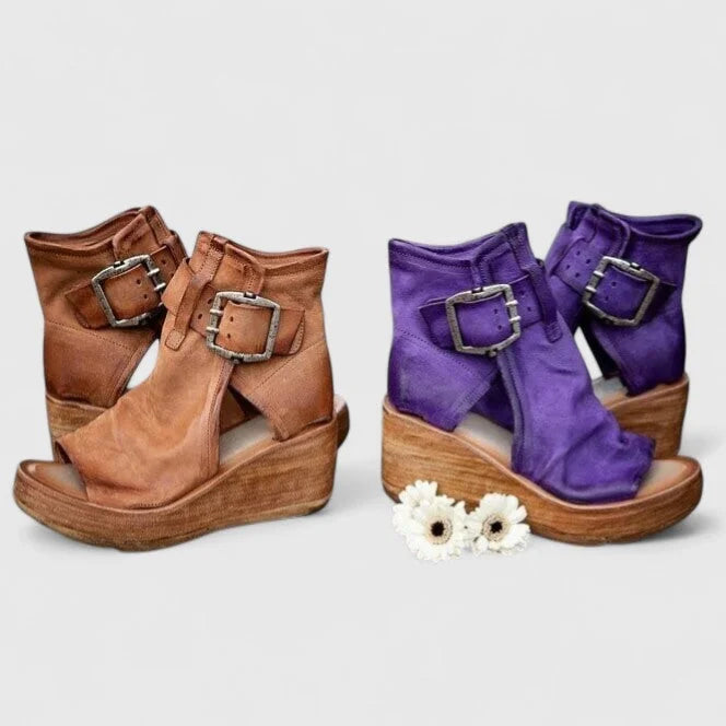Brown Women's Orthopedic Wedge Sandals — Rosalind Buckle Peep Toe Leather - Duo Color Comparison
