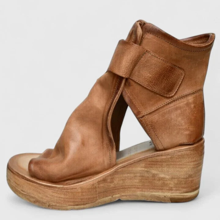 Brown Women's Orthopedic Wedge Sandals — Rosalind Buckle Peep Toe Leather - Side Profile Left