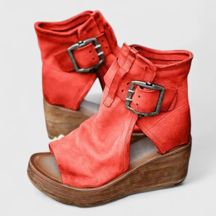 Red Women's Orthopedic Wedge Sandals — Rosalind Buckle Peep Toe Leather - Three Quarter Pair