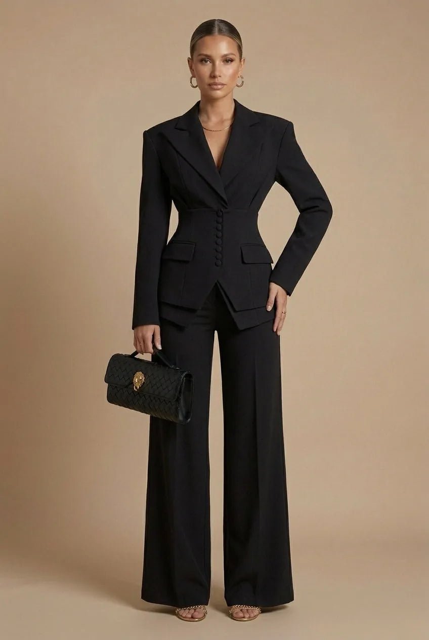 Anya | Elegant Women's Tailored Two Piece Suit with Peaked Lapels - Black - 10