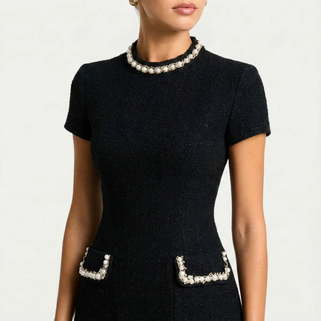 Black Women's Trim Mini Dress — Nova Short Sleeve Textured - Close Up Detail