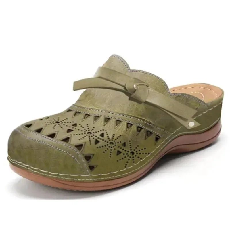 Thea | Stylish Perforated Bow - Tie Comfort Clogs - Olive - 6