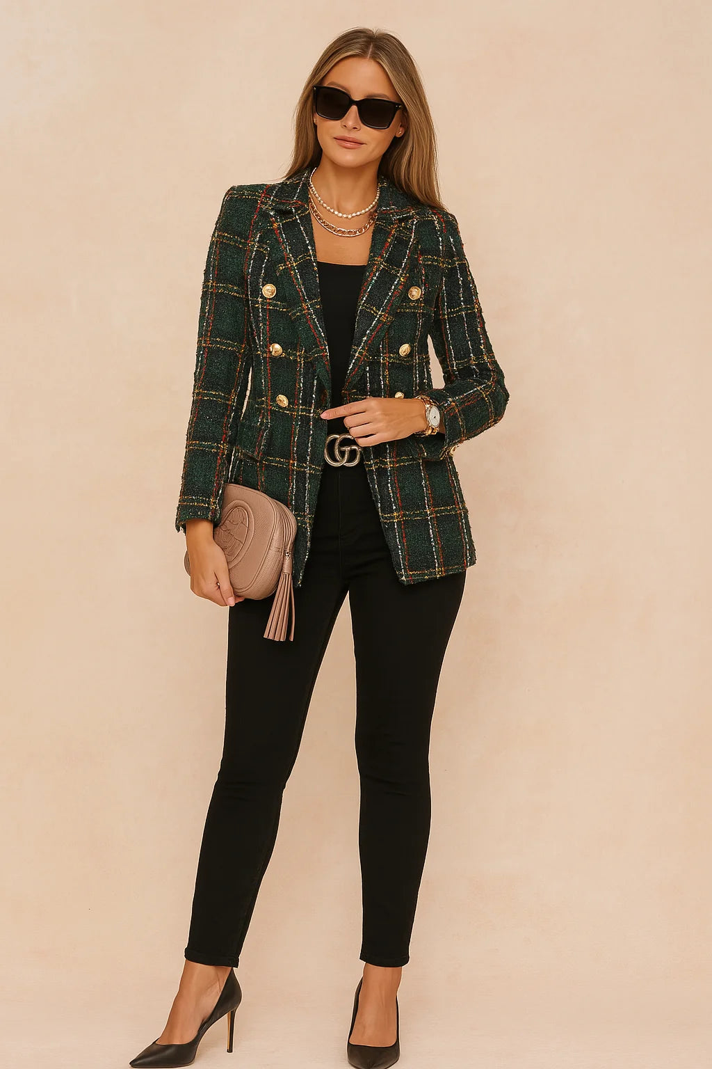 Dark Green Women's Plaid Blazer Jacket — Shea Double-Breasted Tweed Professional - Front Full