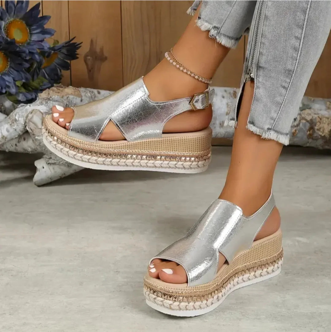 Silver Women's Platform Espadrille Sandals — Clementine Orthopedic Slingback Braided - Lifestyle Pose