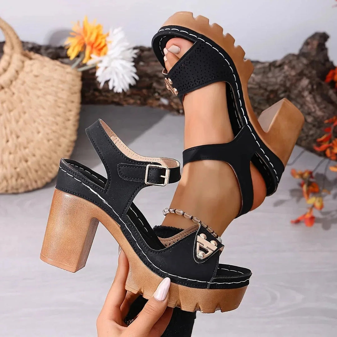 Black Women's Platform Sandals — Brooke Block Heel Ankle Strap - Hand Held Side