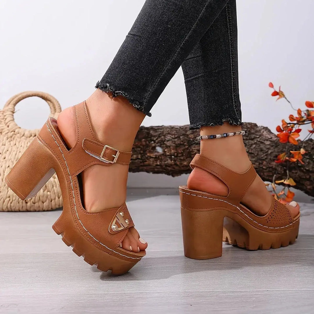 Brown Women's Platform Sandals — Brooke Block Heel Ankle Strap - Worn Model Walking