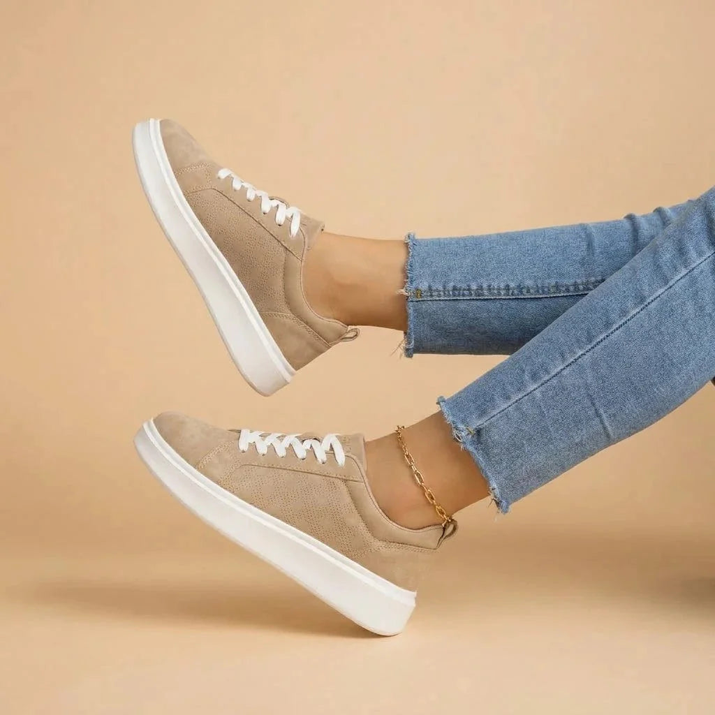 Khaki Women's Platform Sneakers — Mae Lace-Up Lightweight Casual - Front Full
