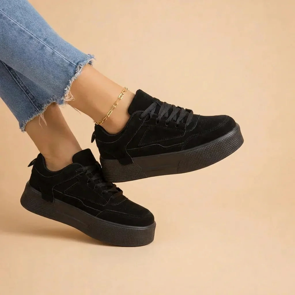 Black Women's Platform Sneakers — Faith Suede Lace-Up Low-Top - Side Pose