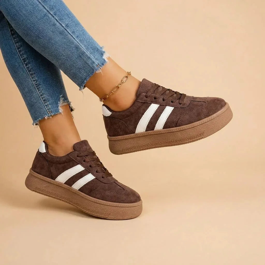 Coffee Women's Platform Sneakers — Ellis Suede Lace-Up Striped - Brown Side Pose