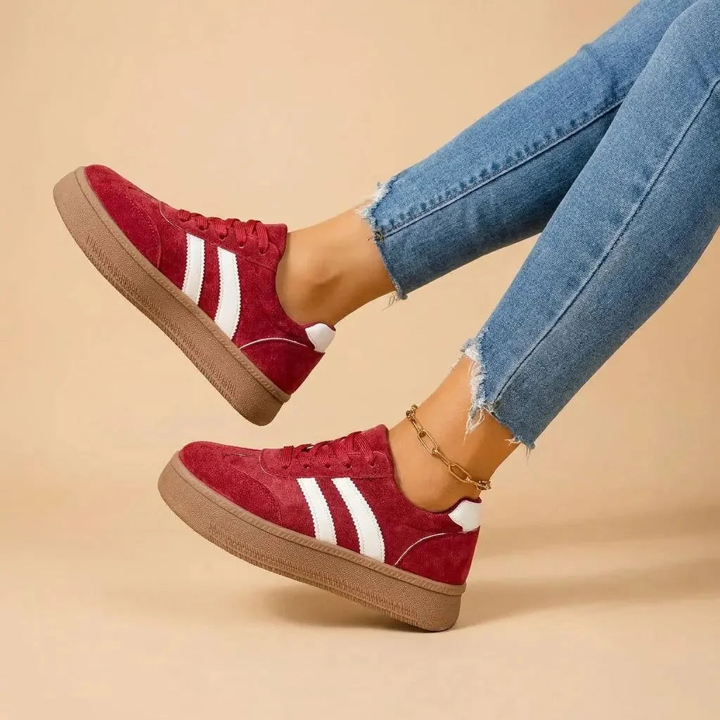 Red Women's Platform Sneakers — Ellis Suede Lace-Up Striped - Lifestyle Pose