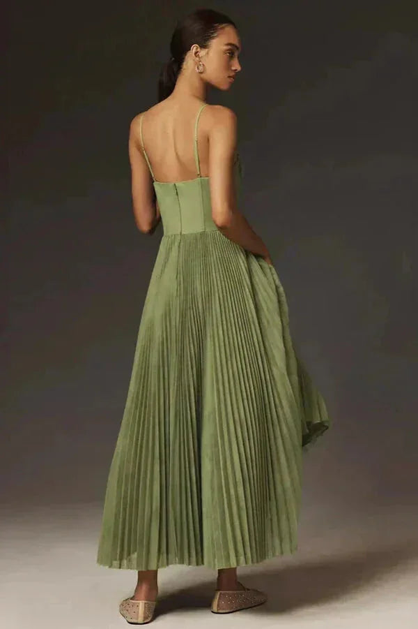 Olive Women's Pleated Midi Dress — Emerald Bustier Spaghetti Strap - Back Full