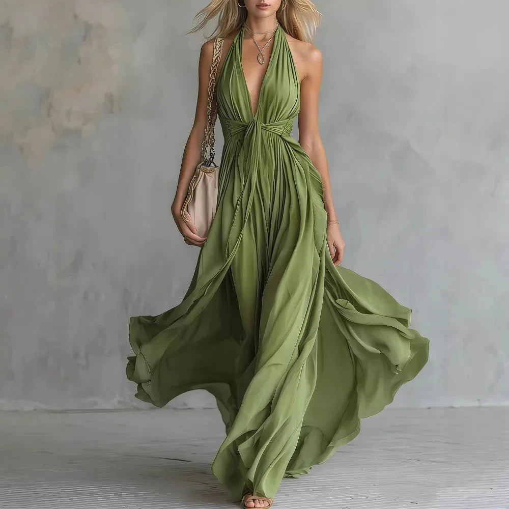 Green Women's Plunging Halter Evening Maxi Dress — Rhea Flowy Backless - Flowy Skirt Detail