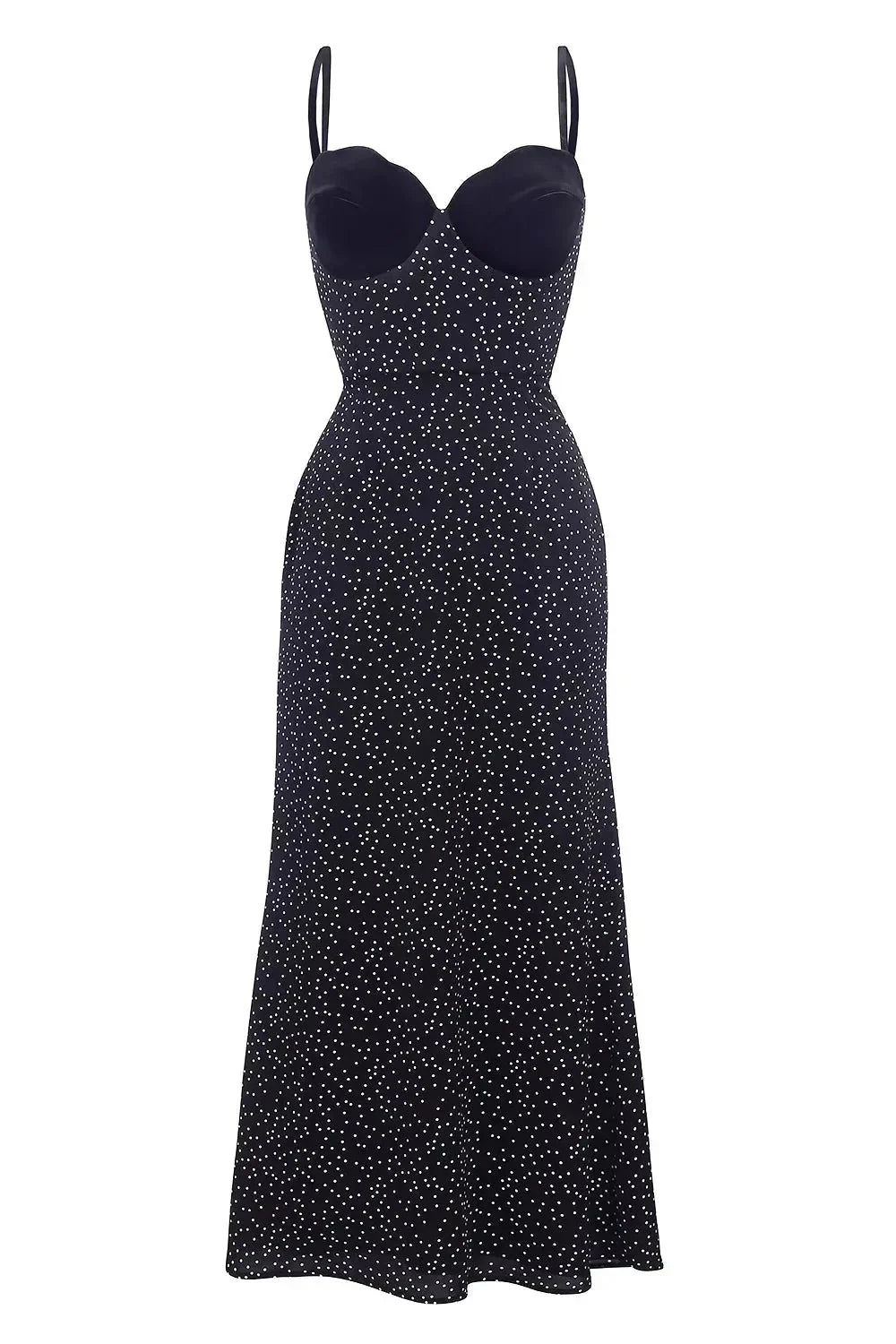 Black Women's Polka Sweetheart Midi Dress — Tilly Strapless Bodycon Evening - Flat Lay