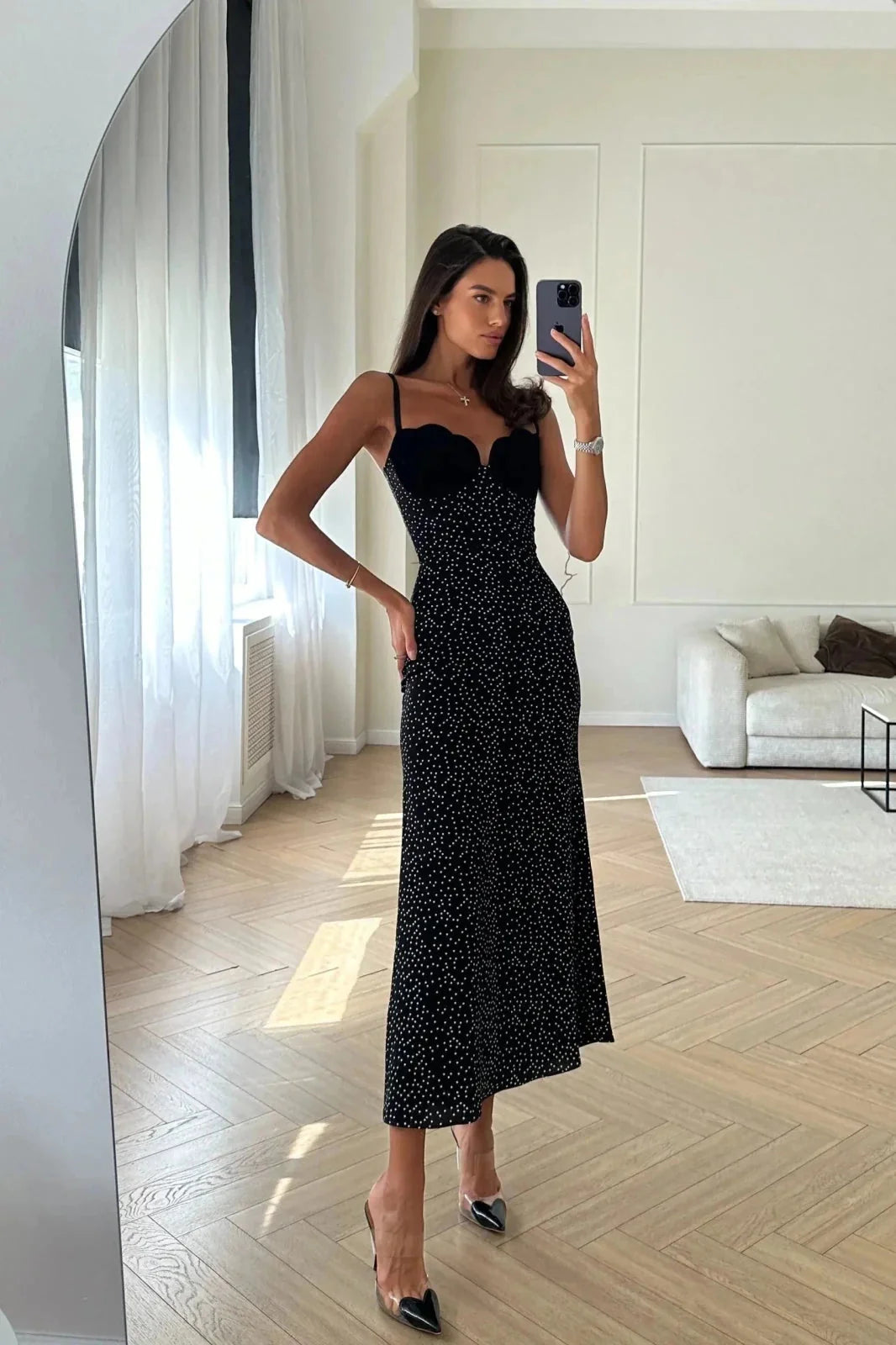 Black Women's Polka Sweetheart Midi Dress — Tilly Strapless Bodycon Evening - Mirror Selfie