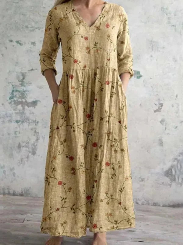 Beige Women's Floral Print Beach Dress — Hope V-Neck Three-Quarter Sleeve Maxi - Studio Full