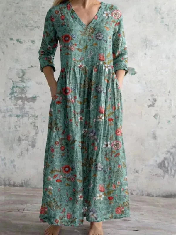 Turquoise Women's Floral Print Beach Dress — Hope V-Neck Three-Quarter Sleeve Maxi - Front Pose