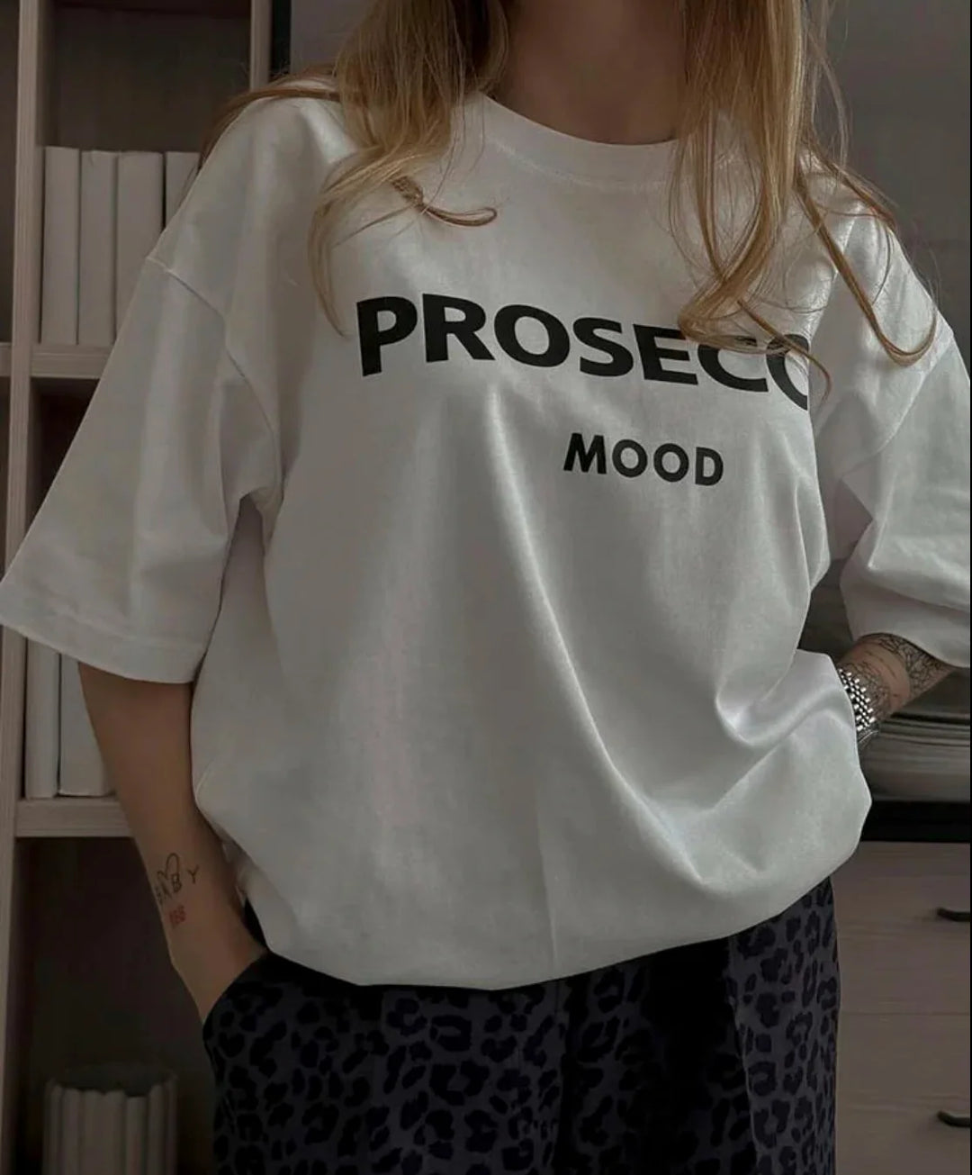White Women's Prosecco Graphic T-Shirt — Sonia Cotton Crew Neck Casual - Close Up Print