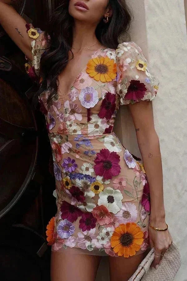 Multicolor Women's Floral Puff Sleeve V-Neck Evening Dress — Jolie Sheer Mesh Mini - Close Up Detail