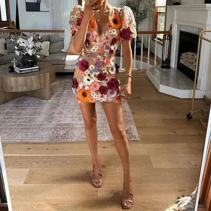 Multicolor Women's Floral Puff Sleeve V-Neck Evening Dress — Jolie Sheer Mesh Mini - Studio Lifestyle