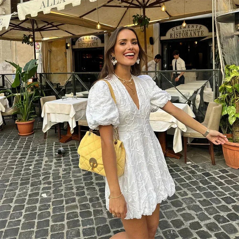 Mia | Elegant White Puff Sleeve V - Neck Mini Dress - White - 4