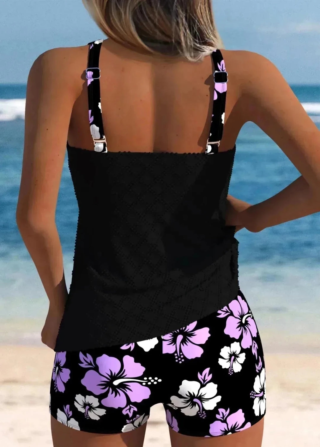 Nora | Stylish Racerback Tankini Set with Tropical Print - Navy Blue - 7