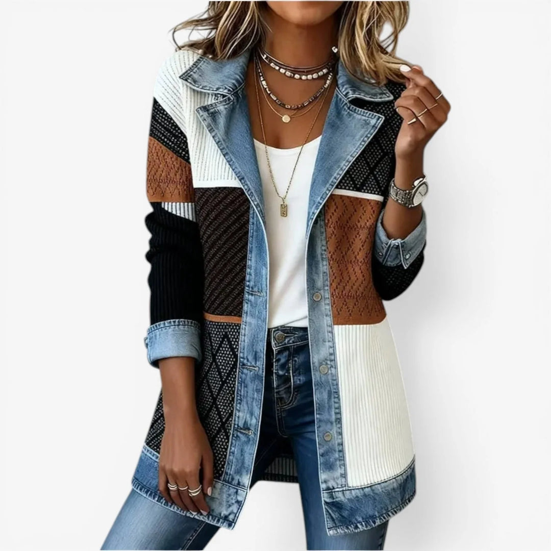 Brown Women's Denim Blazer — Annabel Ribbed Contrast Long-Line - Almost Soldout Front Patchwork Detail