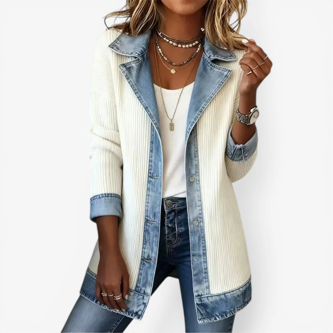 White Women's Denim Blazer — Annabel Ribbed Contrast Long-Line - Almost Soldout Front Full