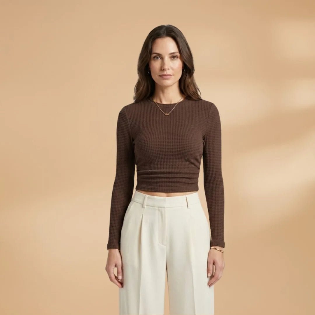Lily | Chic Ribbed Long Sleeve Crop Top - Brown - 2