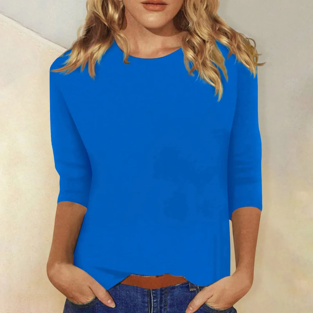 Ivy | Stylish Round Neck Three Quarter Sleeve Blouse - Blue - 5