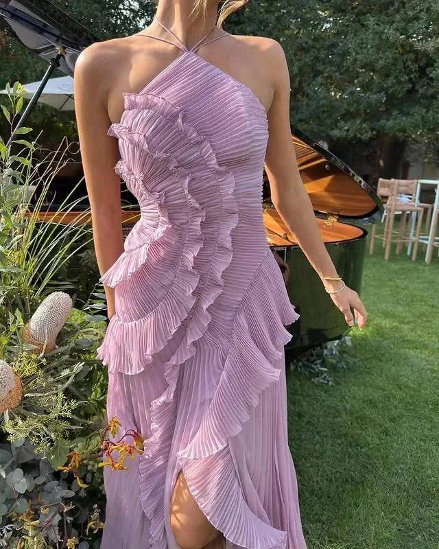 Purple Women's Ruffle Halter Maxi Dress — Wendy Pleated Asymmetric Evening - Outdoor Pose