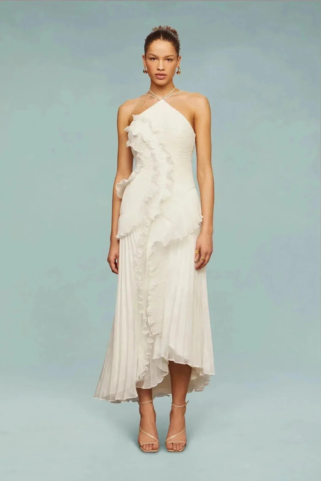 White Women's Ruffle Halter Maxi Dress — Wendy Pleated Asymmetric Evening - Studio Front