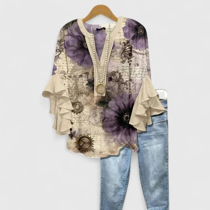 Light Brown Women's Floral Ruffle Sleeve V-Neck Blouse — Daisy Bell Sleeve Boho - Front Vintage Floral