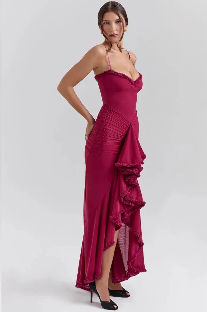 Burgundy Women's Ruffle Spaghetti Strap Maxi Dress — Maddie Asymmetric Tiered Evening - Side Profile