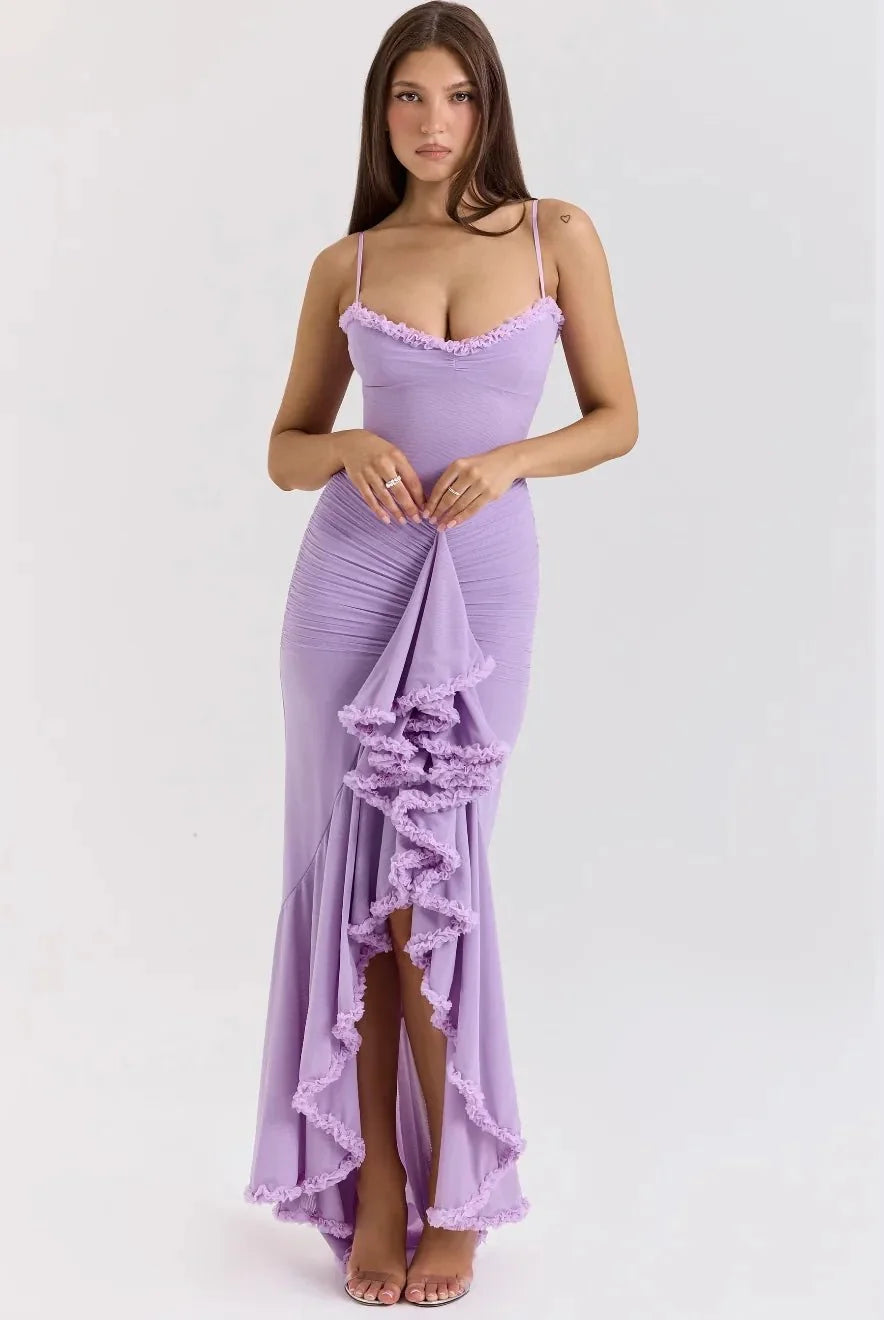Lilac Women's Ruffle Spaghetti Strap Maxi Dress — Maddie Asymmetric Tiered Evening - Front Pose