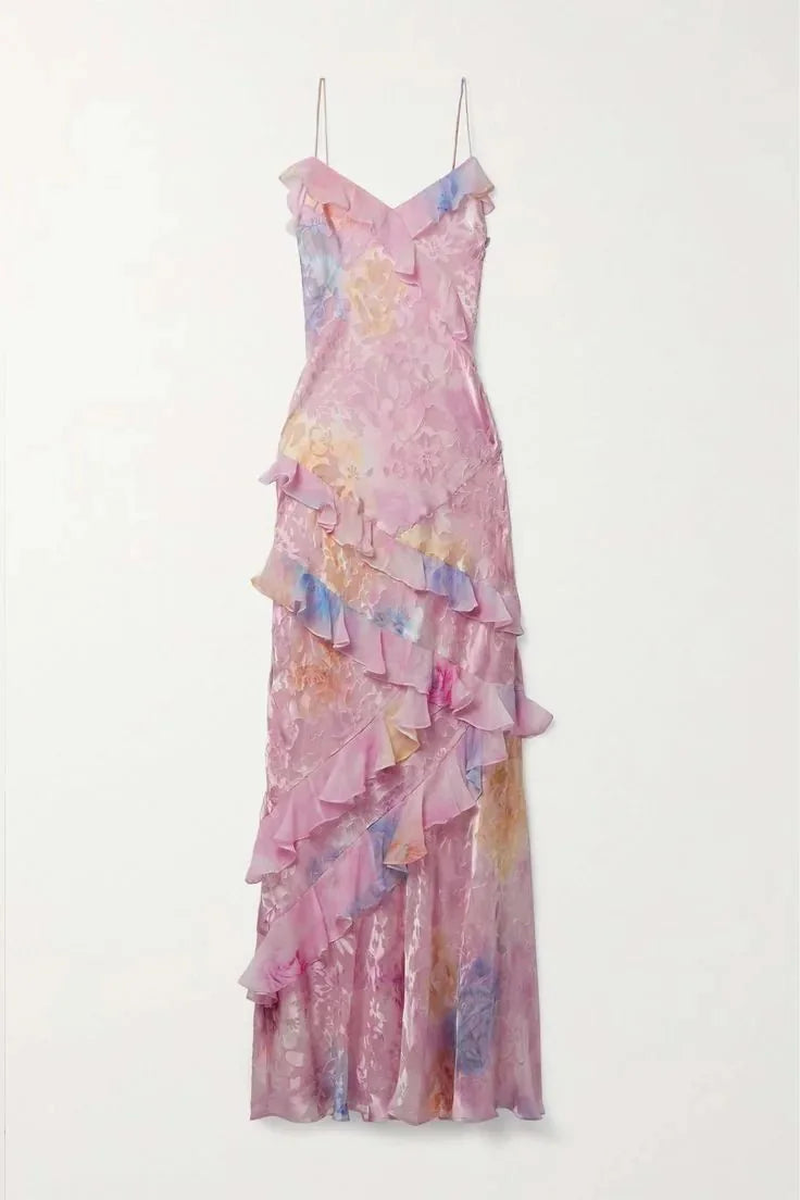 Purple Women's Ruffle Tiered Maxi Dress — Claire V-Neck Floral Spaghetti Strap - Flat Lay