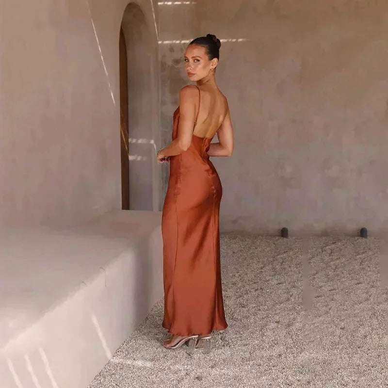 Marron Women's Satin Cowl Neck Maxi Dress — Willa Sleeveless Slip Evening - Back Detail