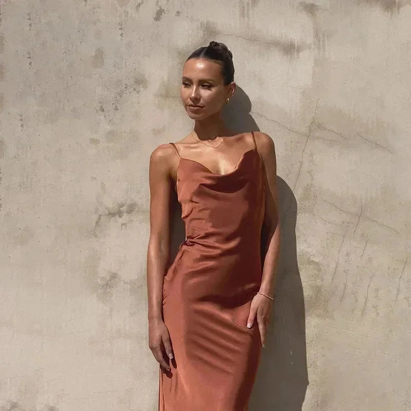 Marron Women's Satin Cowl Neck Maxi Dress — Willa Sleeveless Slip Evening - Front Pose