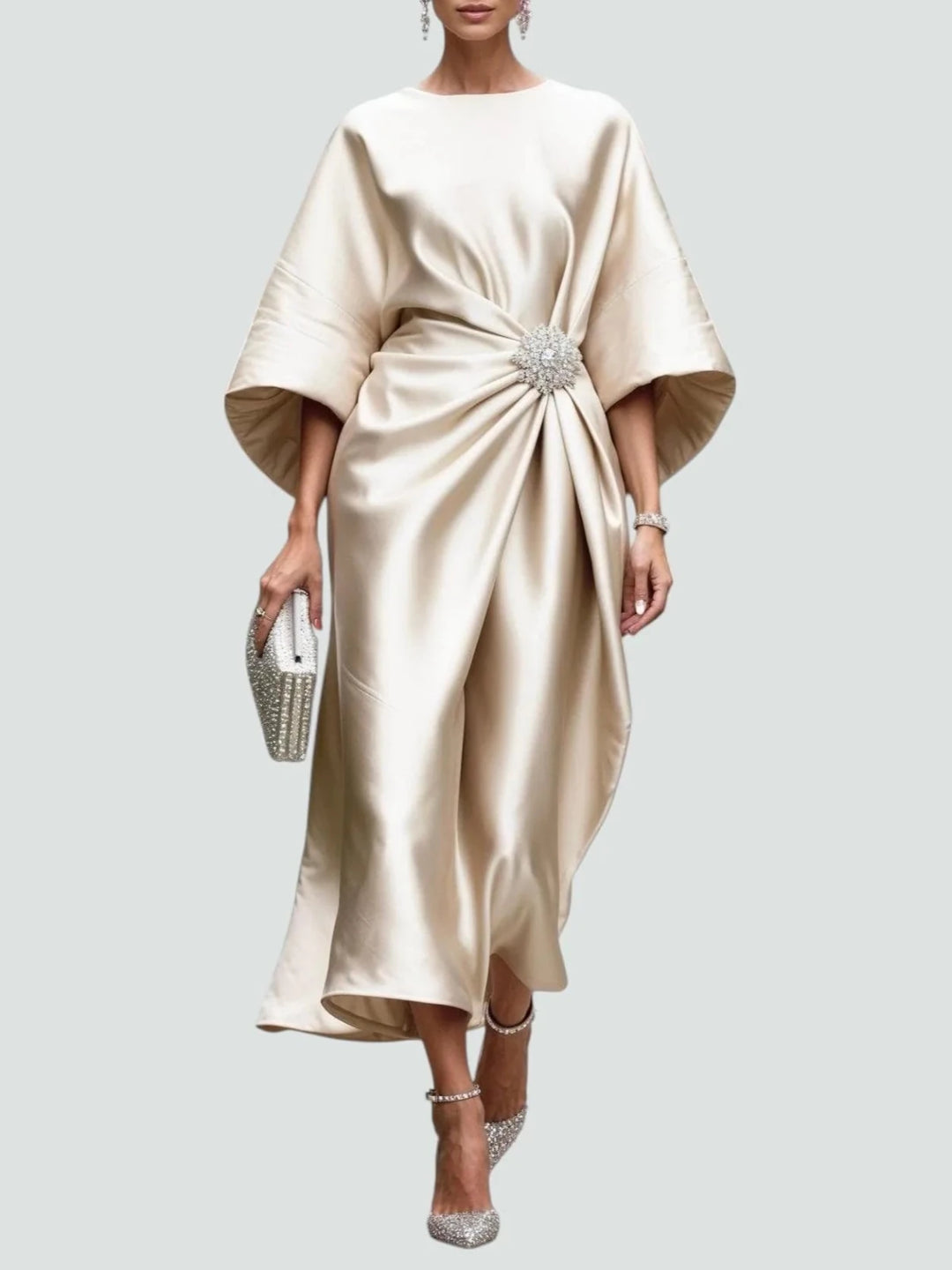 Eva | Elegant Satin Kimono Sleeve Midi Dress With Brooch - Cream - 6