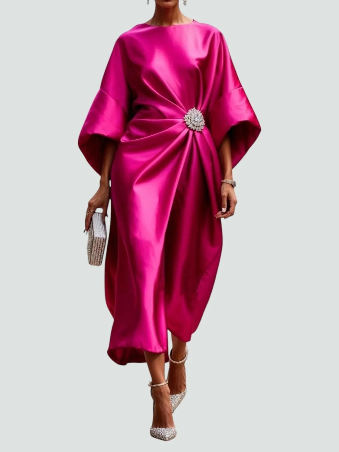 Eva | Elegant Satin Kimono Sleeve Midi Dress With Brooch - Hot Pink - 4