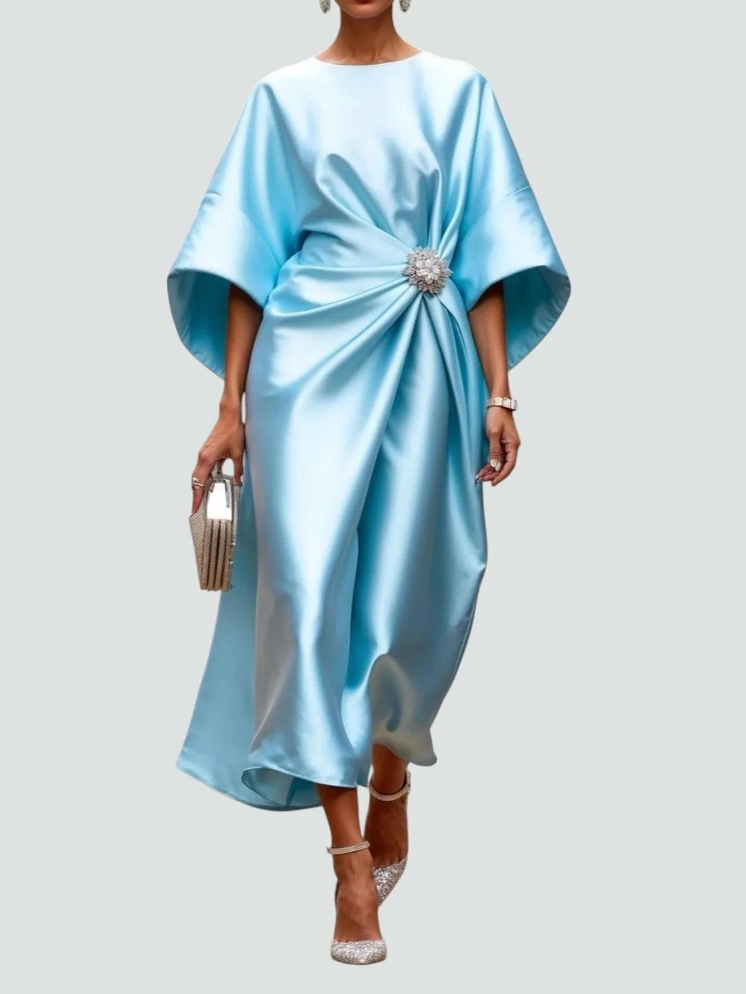 Eva | Elegant Satin Kimono Sleeve Midi Dress With Brooch - Light Blue - 3