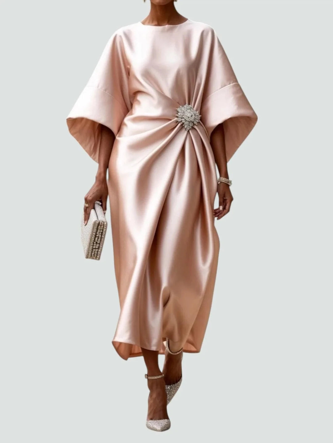 Eva | Elegant Satin Kimono Sleeve Midi Dress With Brooch - Peach - 5