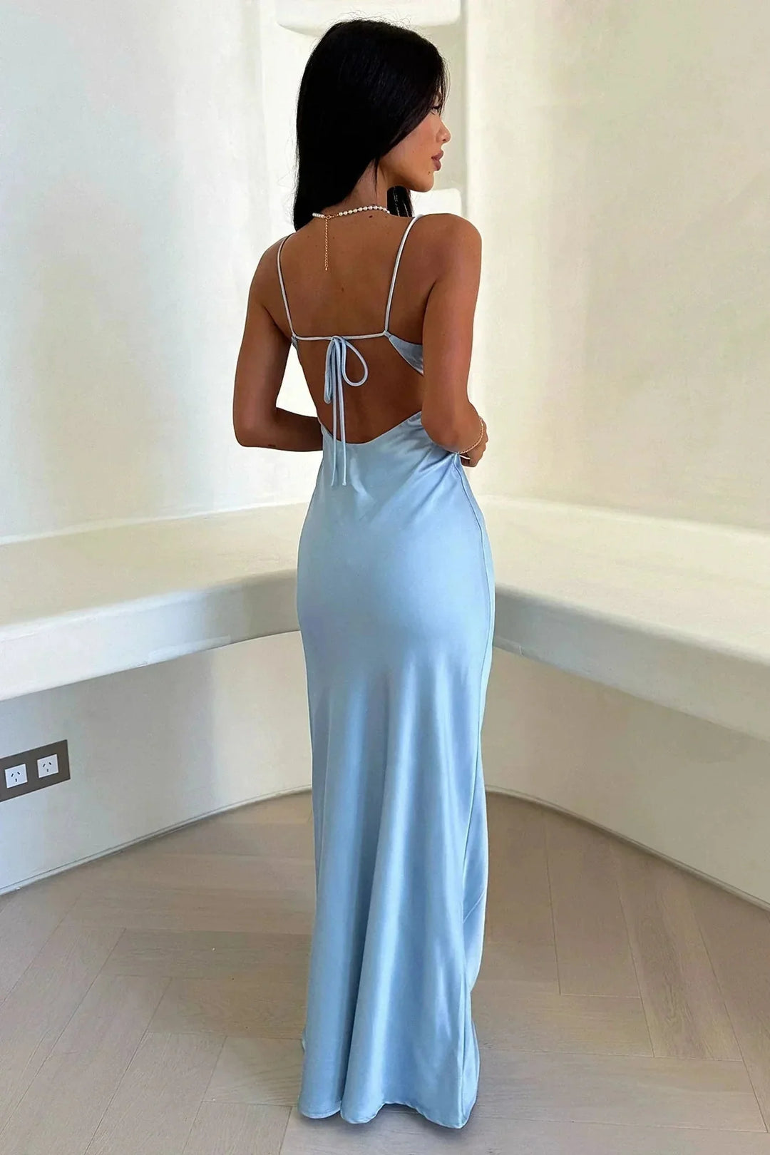 Light Blue Women's Light Blue Satin Maxi Dress — Audrey V-Neck Slip - Back Detail