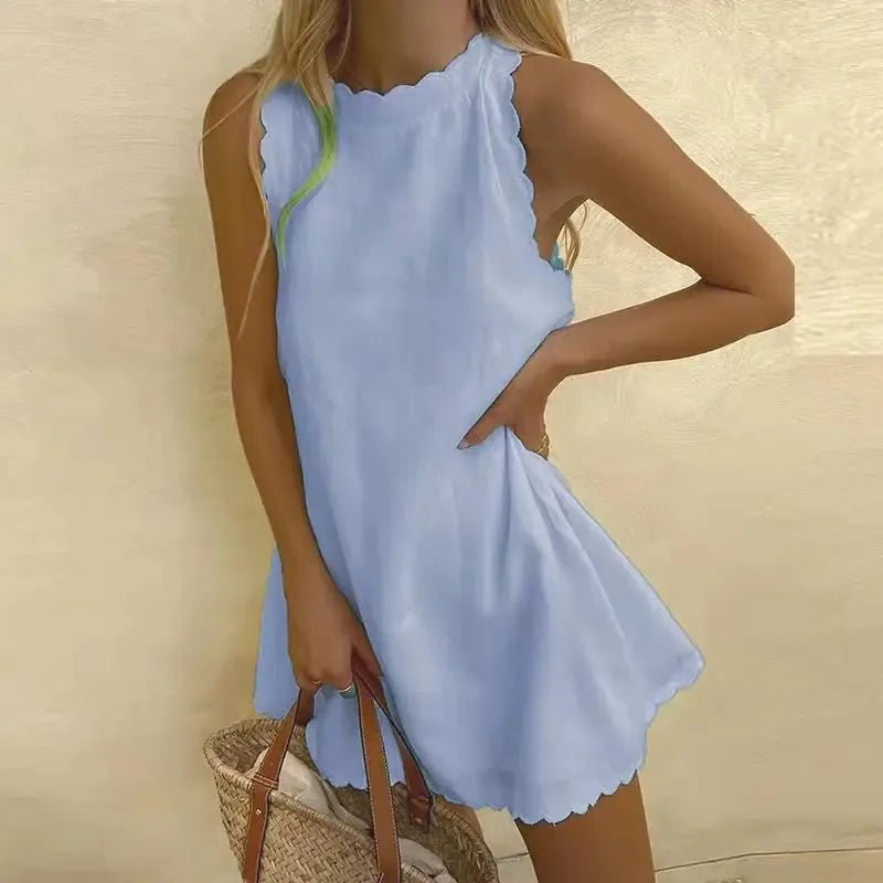 Beatrice | Elegant Scalloped Halter Beach Dress - Light Blue - 3