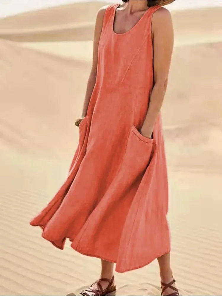 Coral Women's Scoop Neck Maxi Beach Dress With Pockets — Siobhan Flowy Sleeveless Bohemian - Front Stance