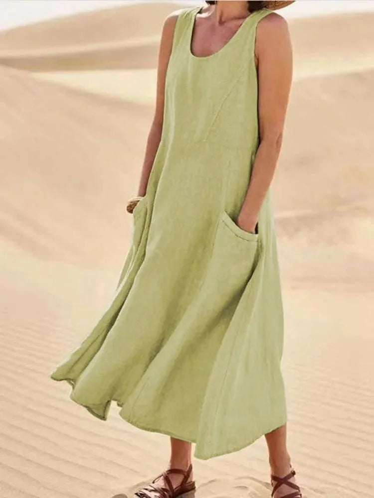 Light Green Women's Scoop Neck Maxi Beach Dress With Pockets — Siobhan Flowy Sleeveless Bohemian - Outdoor Full