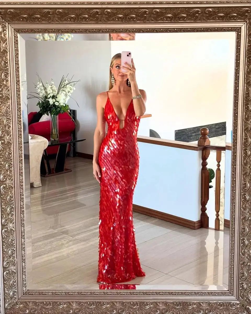 Red Women's Red Sequin Backless V-Neck Mermaid Dress — Hailey Evening Formal - Mirror Selfie